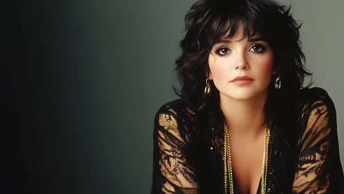 Studio portrait of woman in gold lace jacket, soft lighting.