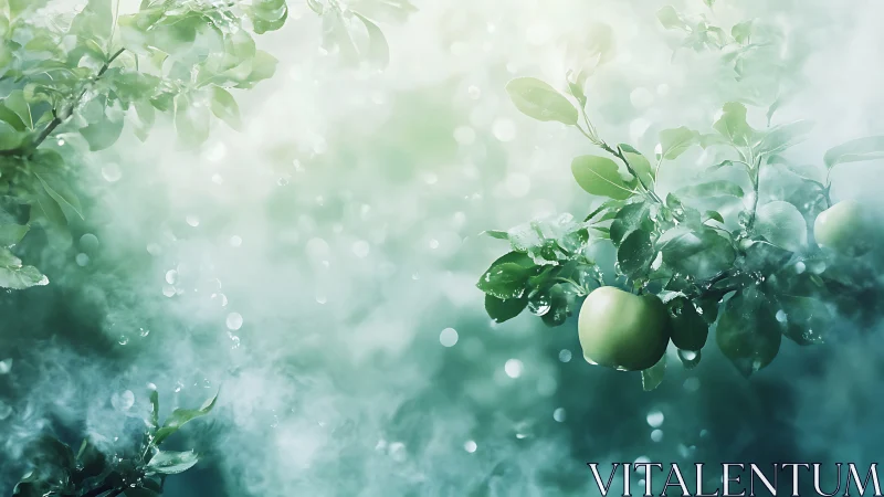 Misty orchard morning with dewy green apples aglow.