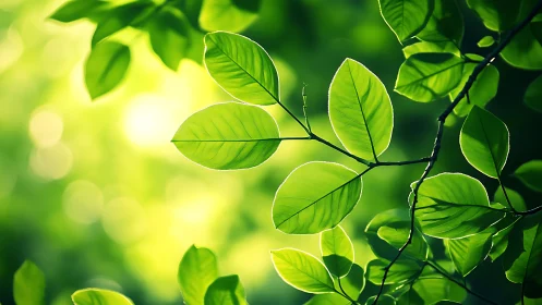 Sunlit green leaves glow against softly blurred forest bokeh