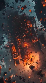 Aerial Pyroclastic Explosion: Urban Inferno with Fragmented Architecture and Cascading Debris