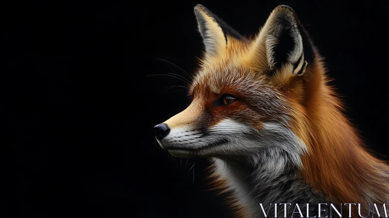 Photorealistic vulpine portrait in high-contrast profile lighting.