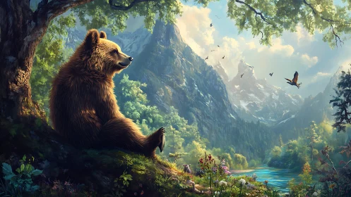 Bear Relaxing in Sunlit Forest Valley, Whimsical Digital Art.