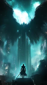 Lone cybernetic warrior beneath colossal neon wings.