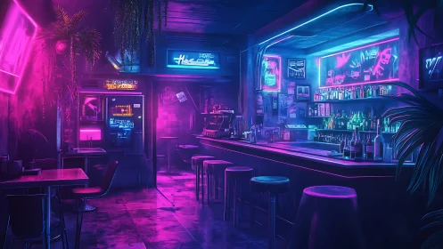 Neon-soaked cyberpunk bar interior with vibrant magenta lighting.