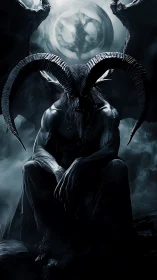 Brooding horned guardian rests within a storm of shadowed mist