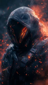 Ember-veiled cyber wraith stalks through drifting sparks.