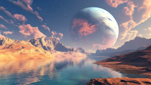 Alien desert coastline under massive clouded planet with specular water