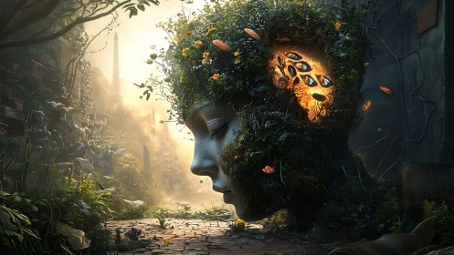 Large vegetated head sculpture with glowing interior cavity.