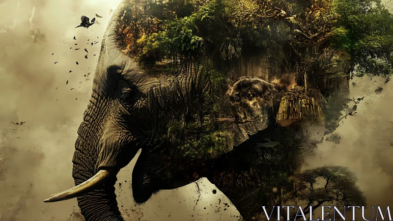 Double-exposure savanna elephant with embedded forest biome