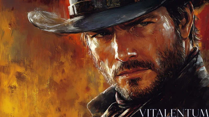 Brooding cowboy portrait against fiery abstract backdrop.