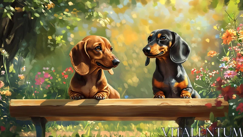 Two dachshunds on wooden bench in sunlit floral garden