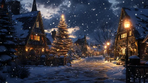 Snowy village street scene renders festive nocturnal ambience
