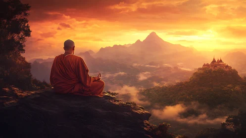 Solitary monk in sunrise meditation above misty valley.
