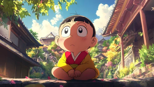 Curious child in kimono enjoys a bright village morning