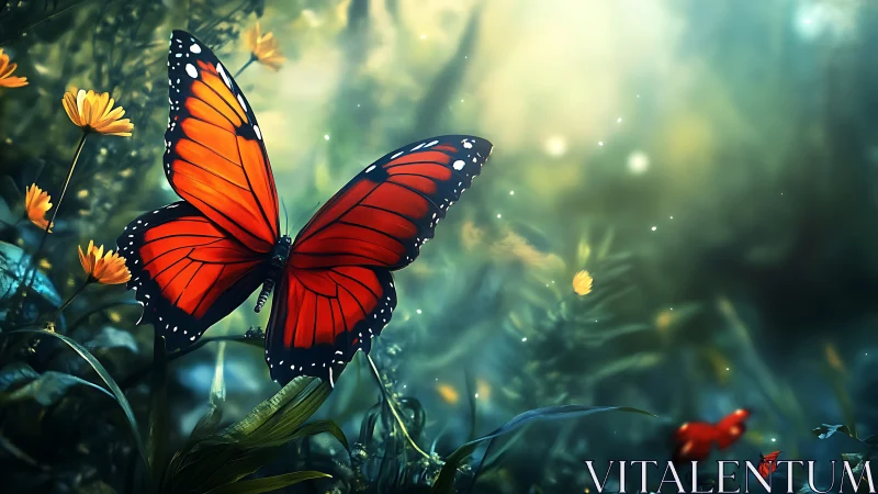 Gentle dusk garden where a bright butterfly drifts softly.