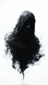 Shrouded wraith dissolving into abstract black smoke.