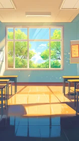 Sunlit classroom window frames a calm summer afternoon