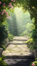 Stone garden pathway with steps under dense green foliage.