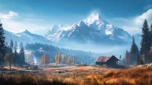 Alpine valley cabin under snowcapped peaks in golden light.
