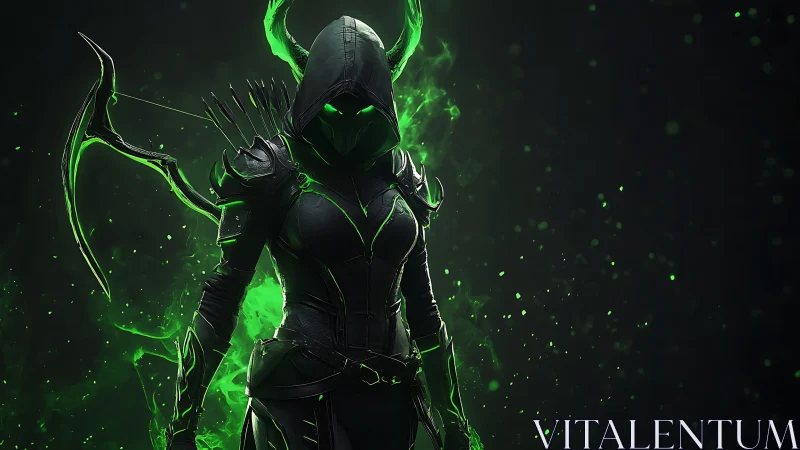 Hooded archer in glowing green armor stands in dark void