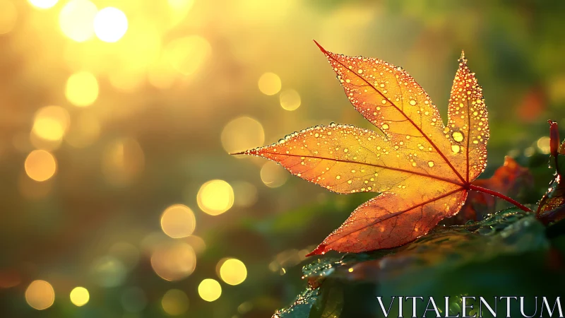 Golden sunrise illuminates dewy autumn maple leaf softly