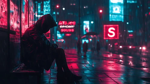 Hooded figure waits in neon city rain, saturated solitude.