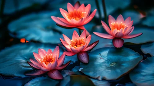 Red Water Lilies Floating on Deep Blue Pond.