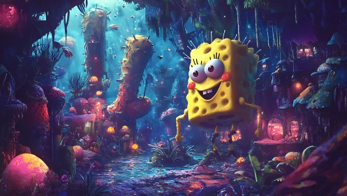 Yellow sponge character traverses dense bioluminescent forest