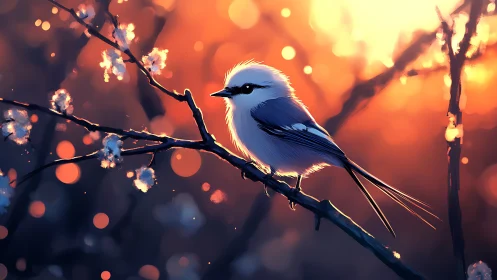 Fluffy white songbird on branch at sunset, digital art style.