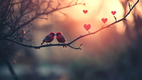 Two Birds Perched on Branch with Floating Hearts Against Sunset