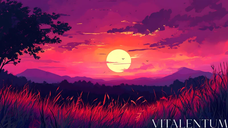 Vibrant red sunset over hills with glowing sun and grass.