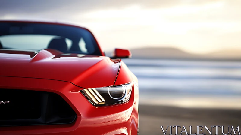 Red sports coupe nose captures coastal sunset reflections.