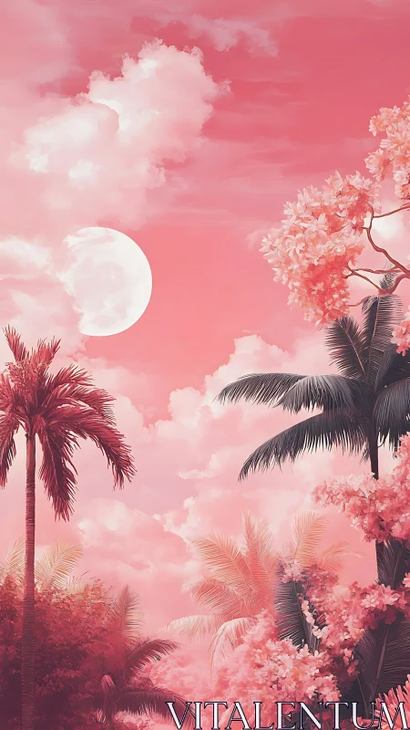 Dreamy pink tropic night under a glowing full moon.