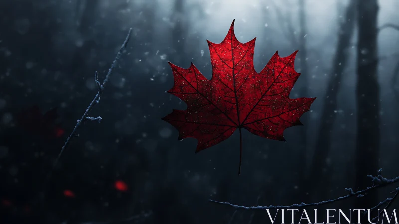 Red maple leaf glows against misty winter forest dusk.