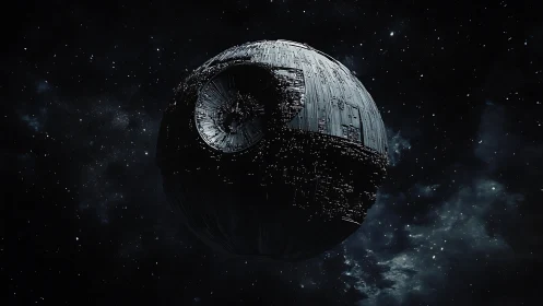 Orbital war-sphere drifts quietly through fractured starlight