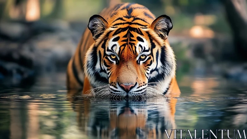 Tiger lowers its head into reflective water and stares forward