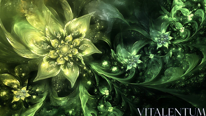 Luminous fractal flowers spiral through deep emerald space