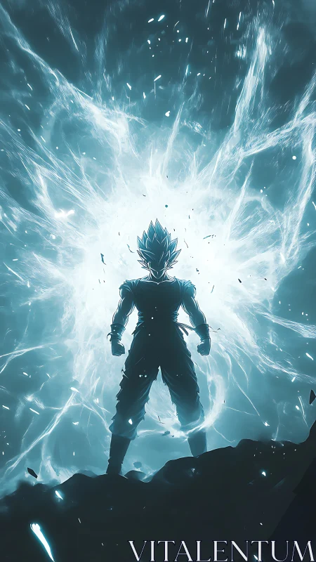 Electrified anime warrior silhouette amid explosive aura.