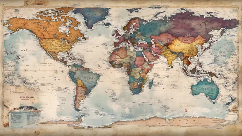 Vintage-style political world map with aged parchment patina.