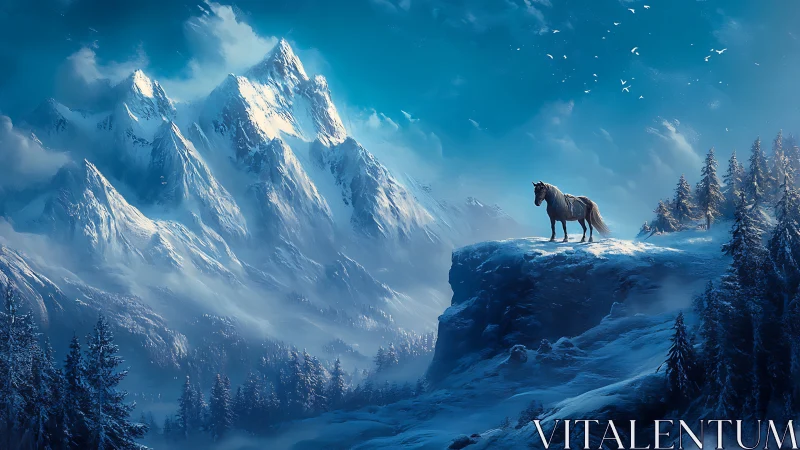 Horse on snowy cliff facing distant alpine mountain range.