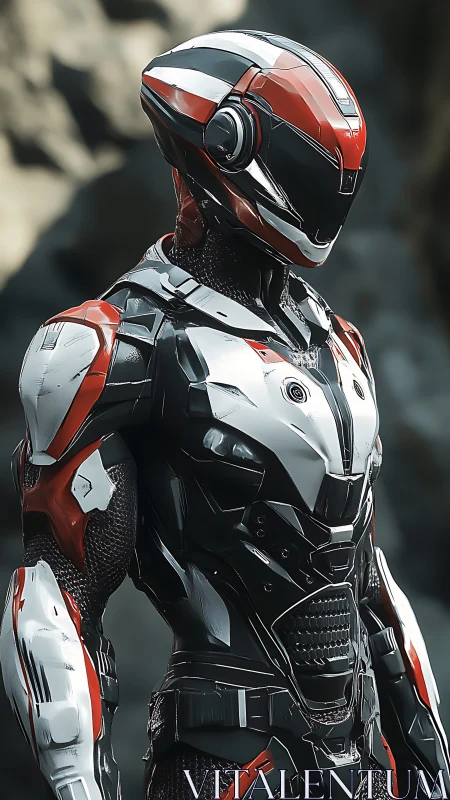Futuristic combat android stands in armored red white suit
