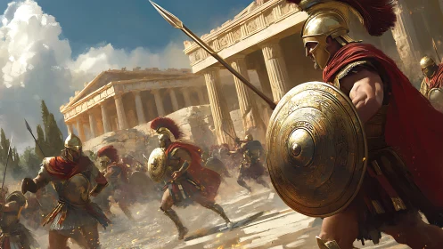 Armored Greek hoplites advance past sunlit Doric temples in battle
