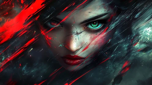 Storm-eyed huntress cleaves the dark in neon crimson.