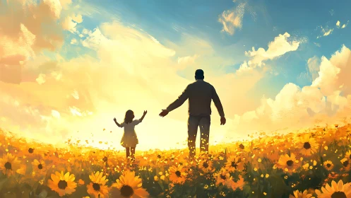 Father and daughter walk into glowing sunflower horizon.