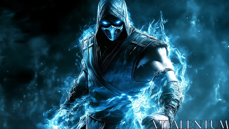 Hooded warrior in blue energy with skeletal mask design.