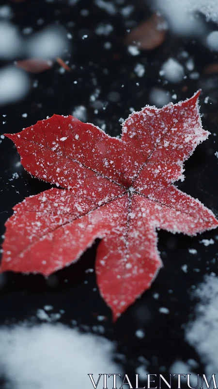 Macro capture of red maple leaf with granular fresh snow detail
