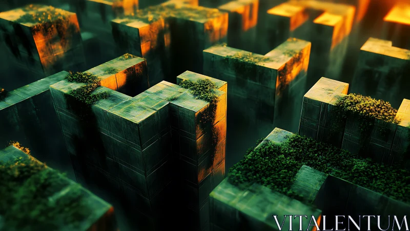 Sunlit concrete maze towers rise with scattered rooftop vegetation