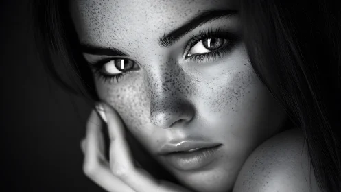 Photorealistic monochrome portrait with freckled close-up study.