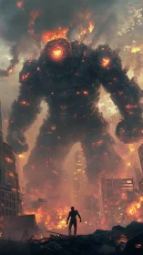 Colossal molten golem towers over burning dystopian cityscape.