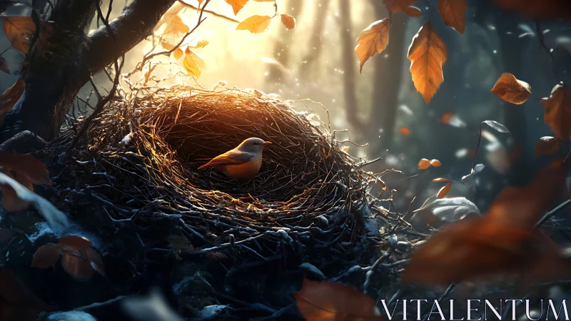 Backlit avian nest microhabitat in autumn forest lumen study.